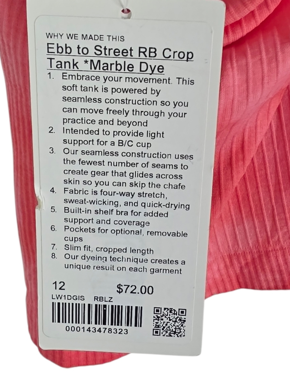 Lululemon Ebb to Street Crop Racerback Tank Marble Dye Raspberry Cream Sz12 Nwt - Picture 6 of 7